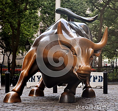 Charging Bull Statue on Wall Street Editorial Stock Photo