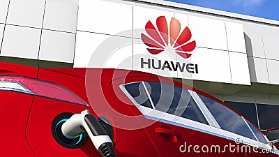 Charging electric car plug and HUAWEI logo. Editorial conceptual 3d 3d rendering Editorial Stock Photo