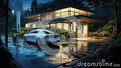 Charging at home: Depicting electric cars charging in residential areas Stock Photo