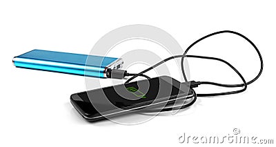 Charging mobile phone with portable power bank Stock Photo