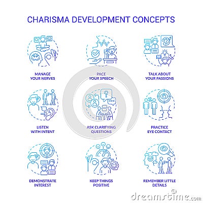 Charisma development blue gradient concept icons set Vector Illustration