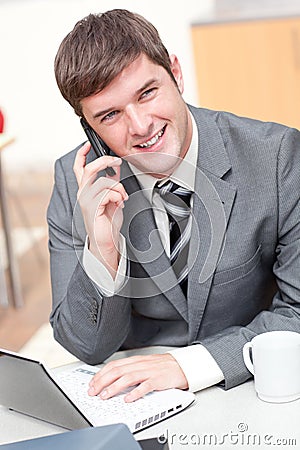 Charismatic businessman using laptop while phoning Stock Photo