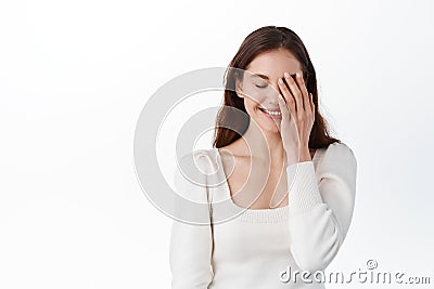 Charismatic carefree, joyful friendly-looking woman likes laugh out loud, not hiding emotions, giggling hear funny Stock Photo