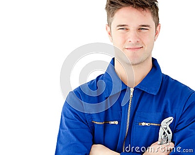 Charismatic caucasian worker holding tool Stock Photo