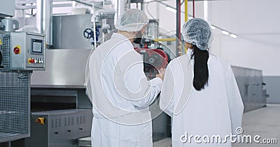 Charismatic engineer man en zijn hulp in een grote verwerkende industrie die door de fabriek loopt en analyseert stock footage Charismatic engineer man en zijn hulp in een grote verwerkende industrie die door de fabriek loopt en analyseert stock footage