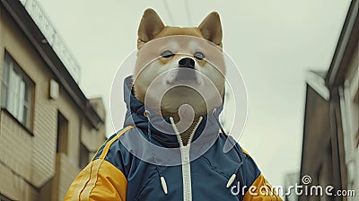 a charismatic fat Shiba Inu strikes a pose in a sleek blue tracksuit, accentuated by bold yellow striping along the Stock Photo