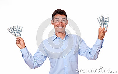 Charismatic male standing and holding money Stock Photo