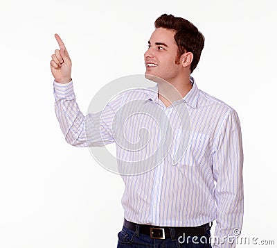 Charismatic stylish male pointing to people Stock Photo