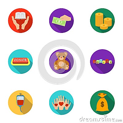 Charitable Foundation. Icons on helping people and donation.Charity and donation icon in set collection on flat style Vector Illustration