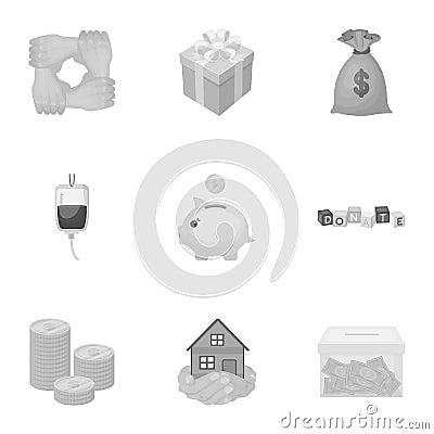 Charitable Foundation. Icons on helping people and donation.Charity and donation icon in set collection on monochrome Vector Illustration