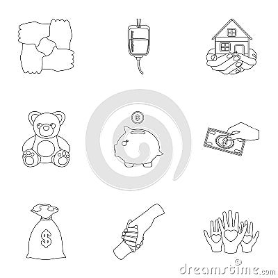 Charitable Foundation. Icons on helping people and donation.Charity and donation icon in set collection on outline style Vector Illustration