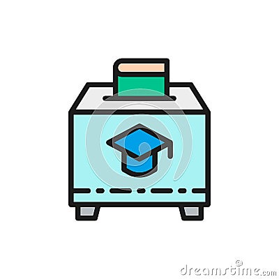 Charity box with book, donation to education flat color line icon. Vector Illustration