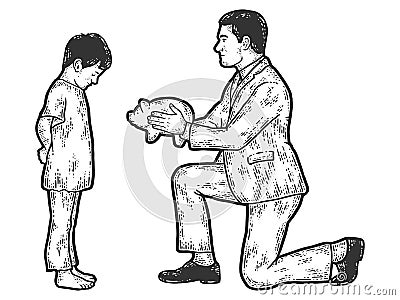 Charity. Businessman gives a piggy bank, finances to a poor child. Cartoon Illustration