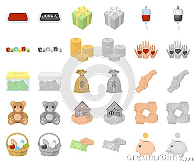 Charity and donation cartoon,monochrom icons in set collection for design. Material aid vector symbol stock web Vector Illustration