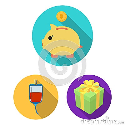 Charity and donation flat icons in set collection for design. Material aid vector symbol stock web illustration. Vector Illustration