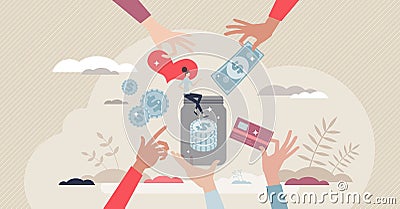 Charity donation and money sharing for support and help tiny person concept Vector Illustration