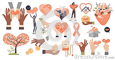 Charity, donation and social care collection elements tiny person items set Vector Illustration