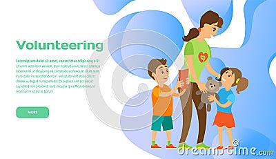 Charity donation, volunteering online website tamplate. Woman giving toys to children orphans Vector Illustration