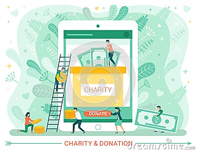 Charity Donation Web Poster, People Donate Money Vector Illustration