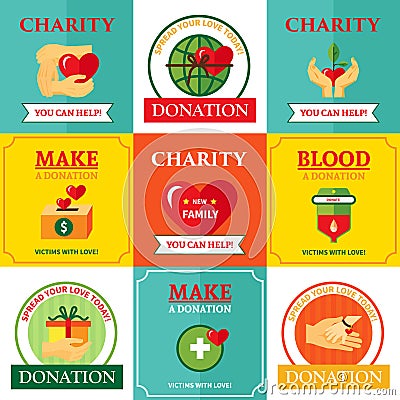 Charity Emblems Design Flat Icons Composition Vector Illustration