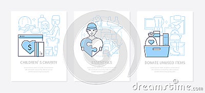 Charity and essentials - line design style banners set Vector Illustration