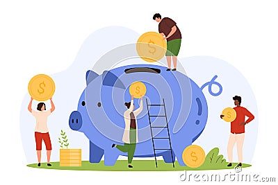 Charity, financial investment and income to budget, tiny people save coins in piggy bank Vector Illustration