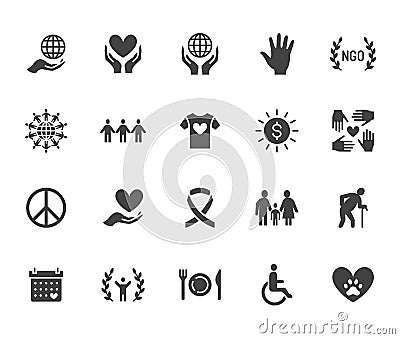Charity flat glyph icons set. Donation, nonprofit organization, NGO, giving help vector illustrations. Signs for Vector Illustration