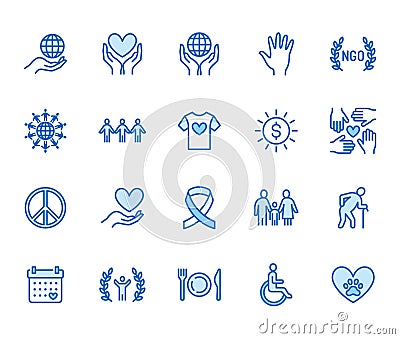 Charity flat line icons set. Donation, nonprofit organization, NGO, giving help vector illustrations. Outline signs for Vector Illustration