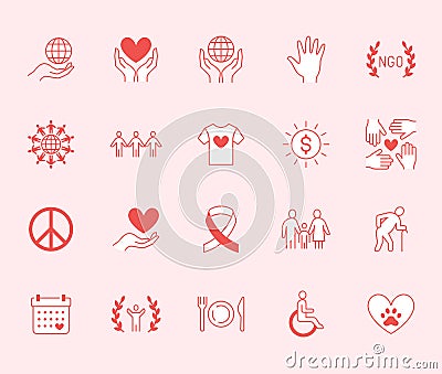 Charity flat line icons set. Donation, nonprofit organization, NGO, giving help vector illustrations. Outline signs pink Vector Illustration