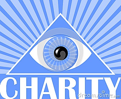 Charity flyer with a symbol of God's eye in triangle. Blue background with white rays. Poster for christian charity events. Vector Illustration