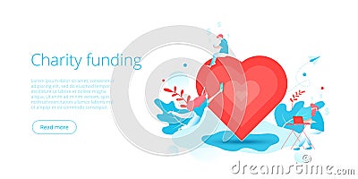 Charity fund or care in flat vector concept. Volunteer community or donation metaphor illustration. Web banner layout for people Vector Illustration