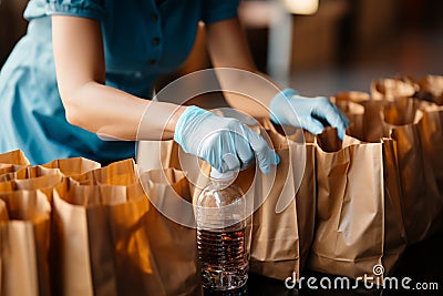 Charity gesture: High-angle view captures person filling donation bags with water altruistically. Stock Photo