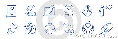 Charity hand, heart, community love doodle line icon. Charity community trust, partnership, people solidarity concept Vector Illustration