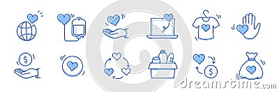 Charity hand, money, care heart doodle line icon. Charity donate, support, blood donor concept icon set. Volunteer heart Vector Illustration