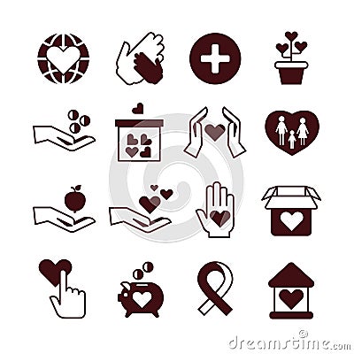 Charity hands, care and protection, fundraising service, donation, nonprofit organization, affection vector icons Vector Illustration