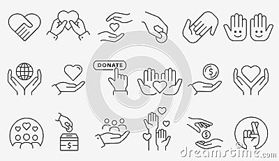 Charity icon set. Collection of donate, volunteer, care and more. Editable stroke. Vector Illustration