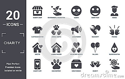 charity icon set. include creative elements as charity shop, human, solidarity, voluntary service, dog pawprint, shelter filled Vector Illustration