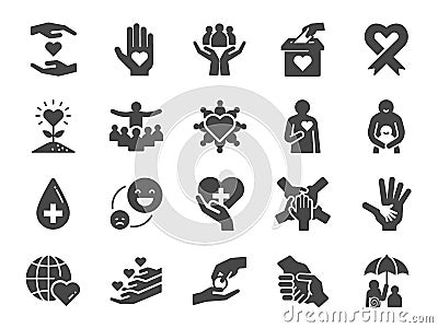 Charity icon set. Included icons as kind, care, help, share, good, support and more. Vector Illustration