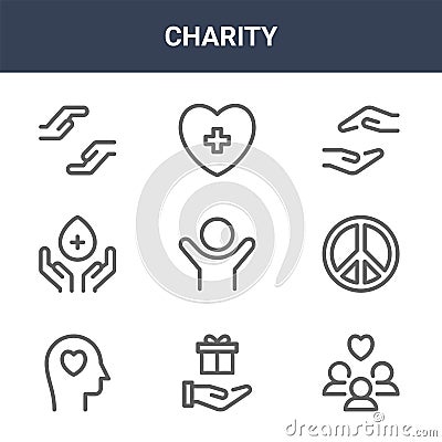 9 charity icons pack. trendy charity icons on white background. thin outline line icons such as people, peace, healing . charity Vector Illustration