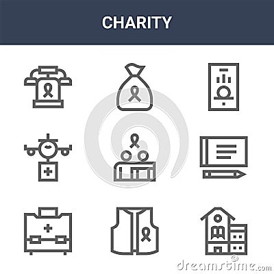 9 charity icons pack. trendy charity icons on white background. thin outline line icons such as school, cheque, donation . charity Vector Illustration