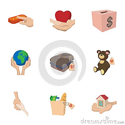 Charity icons set, cartoon style Vector Illustration