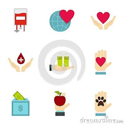 Charity icons set, flat style Vector Illustration