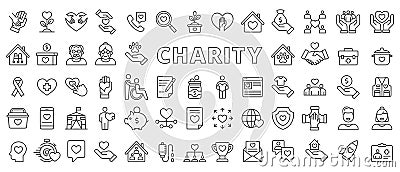 Charity icons set in line design. Donation, Volunteer, Helping, Care, Giving, love, Support, Philanthropy, protection Vector Illustration