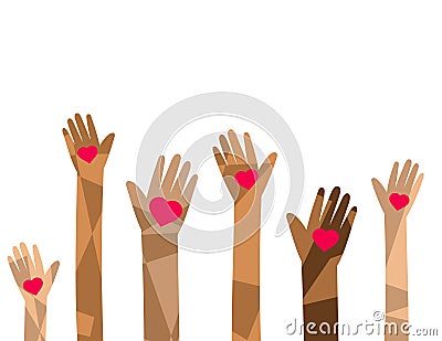 Charity illustration, hands raised up, holding hearts symbols Vector Illustration