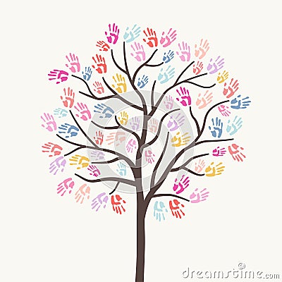 Charity illustration with tree created by handprints Vector Illustration