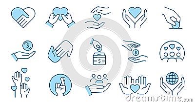 Charity line icon set. Collection of donate, philanthropist, hope and more. Editable stroke. Vector Illustration