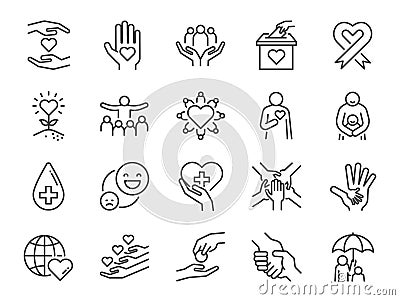 Charity line icon set. Included icons as kind, care, help, share, good, support and more. Vector Illustration