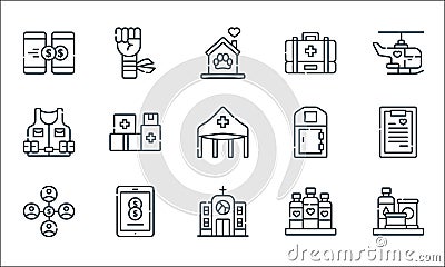 Charity line icons. linear set. quality vector line set such as food, church, donation, water bottle, transfer, vest, public Vector Illustration