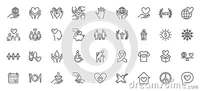 Charity line icons set. NGO fund, nonprofit foundation, elderly care, volunteer, blood donor, food donation, social help Vector Illustration