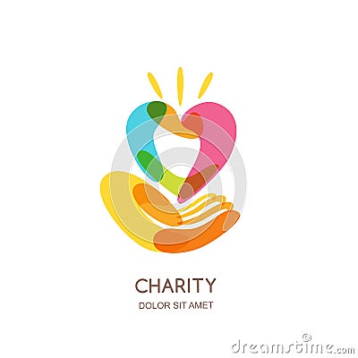 Charity logo design template. Abstract colorful heart on human hand, isolated icon, symbol, emblem. Concept for voluntary. Vector Illustration
